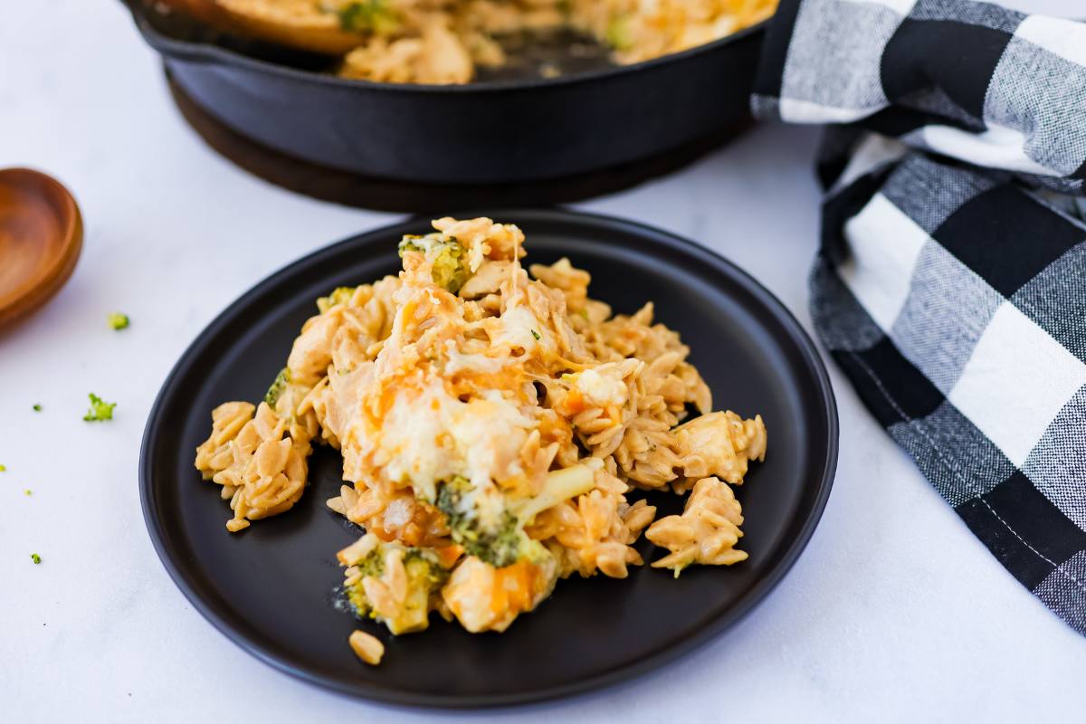 One Skillet Chicken and Broccoli Cheddar Orzo Bake