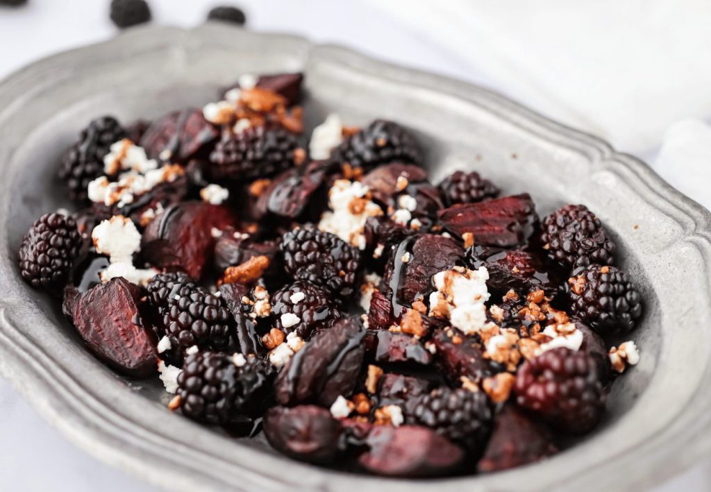 Roasted beets with blackberries, goat cheese and pecans
