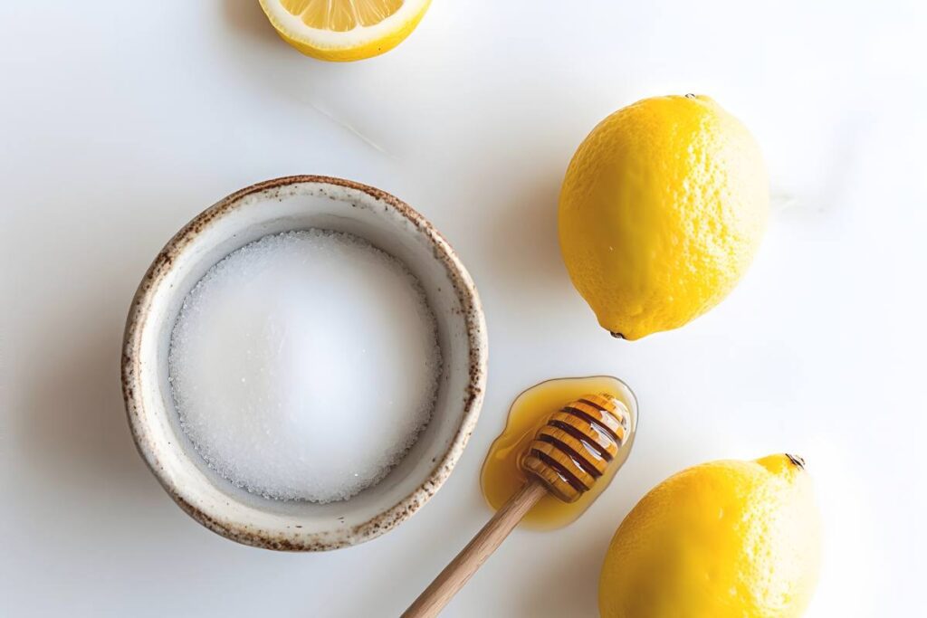Fresh yellow Meyer lemons, a jar of local raw honey, and a small white bowl of sugar arranged on a neutral surface.