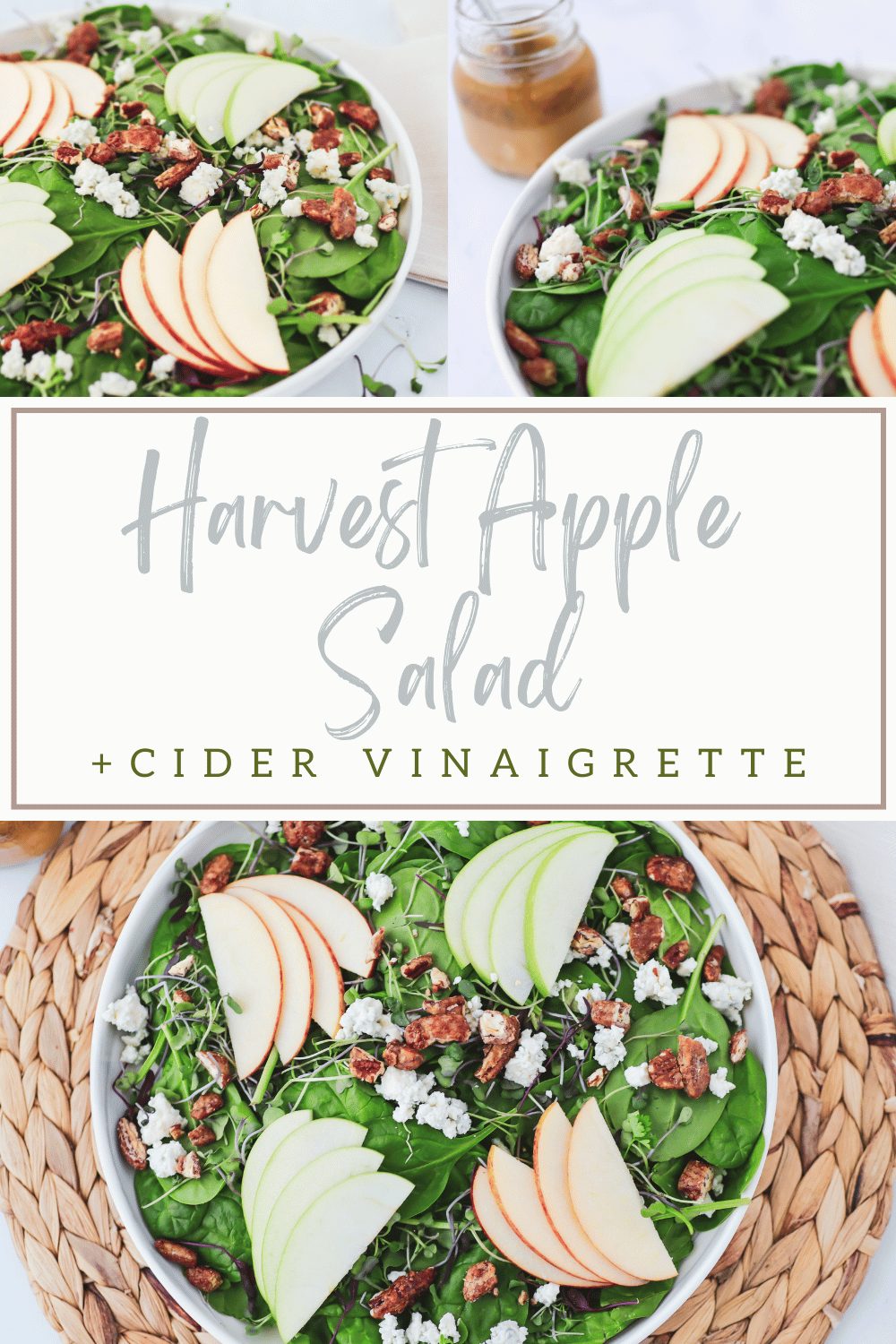 Several images on a Pinterest image that show a harvest apple salad with a side of cider vinaigrette