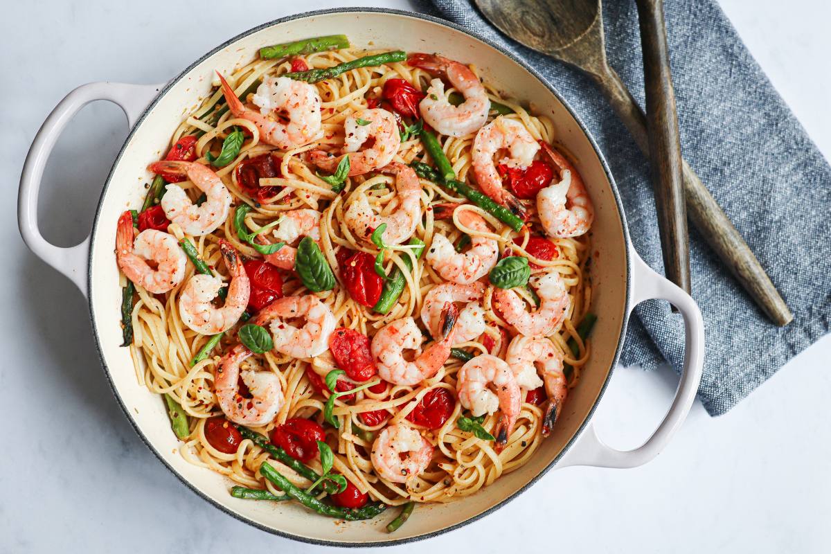 Garlic Butter Shrimp Pasta with Blistered Cherry Tomatoes