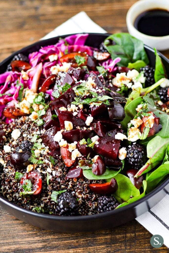 A Purple Goodness Power Bowl that contains microgreens