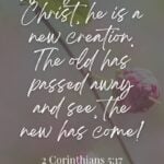 Vertical Pinterest graphic for 2 Corinthians 5:17 featuring pink cherry blossom tree buds on a pastel pink background. Part of a 31-day spring scripture journey.